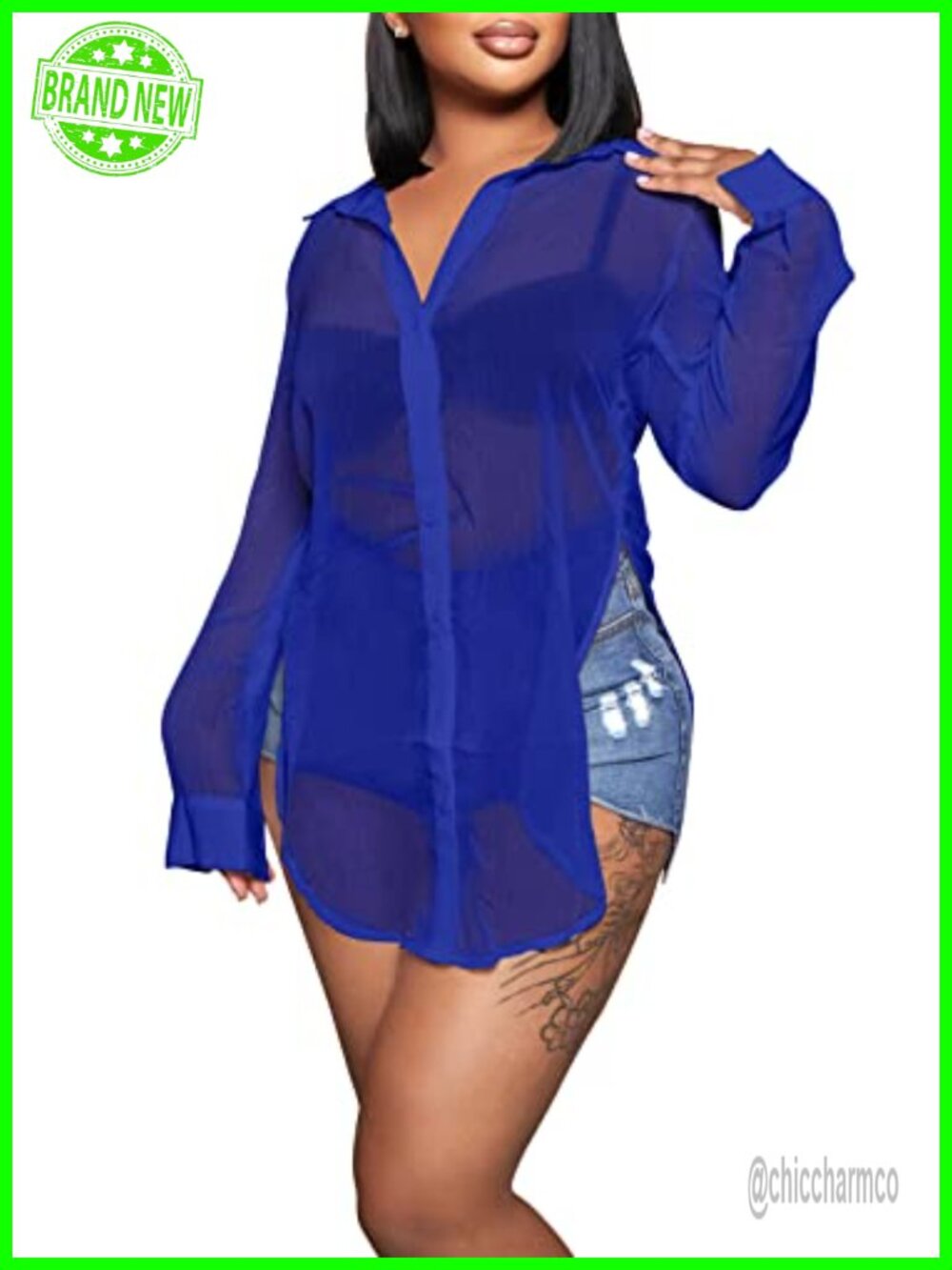 Sheer Button Up Blouse Long Sleeve Mesh See Through Shirt